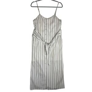 all:row Women's Ivory Black Striped‎ Button Front Tie Waist Midi Dress S
